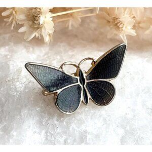 Butterfly Figural Black Enameled Textured Gold Toned Vintage Brooch